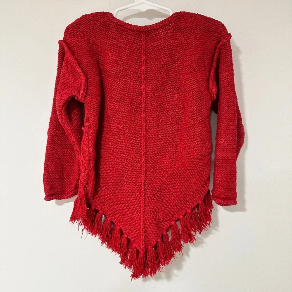 Polly Flinders Sweater Girls S/4 Red Ramie Cotton Cable Knit Fringe Boho Vintage